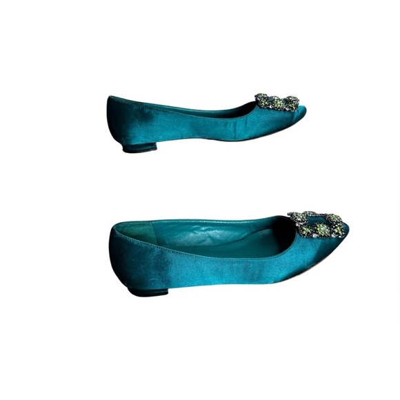 Manolo Blahnik Hangisi Green Satin Flats with they signature crustal buckle 36 - Picture 3 of 5